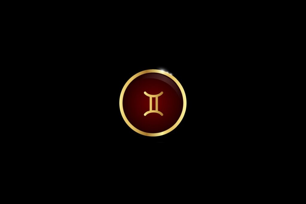 Ilustração do signo de gêmeos dentro de um círculo dourado, iluminado com uma luz vermelha, em um fundo preto