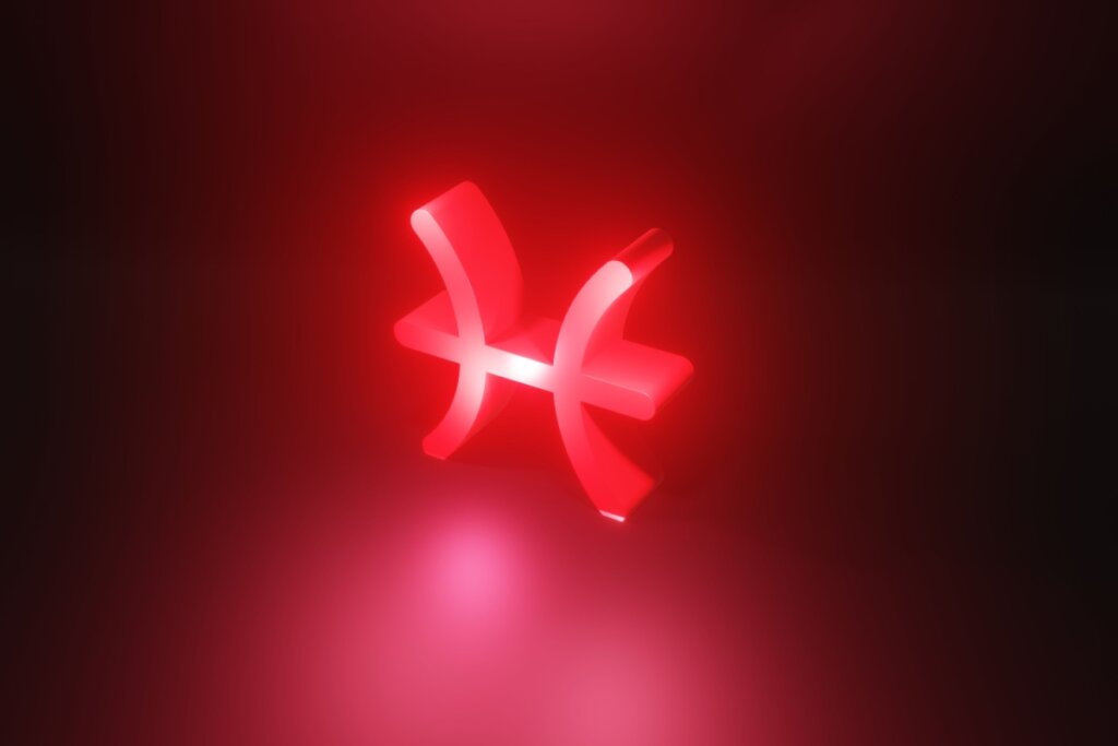 Ilustração em vermelho do símbolo do signo de Peixes em fundo vermelho
