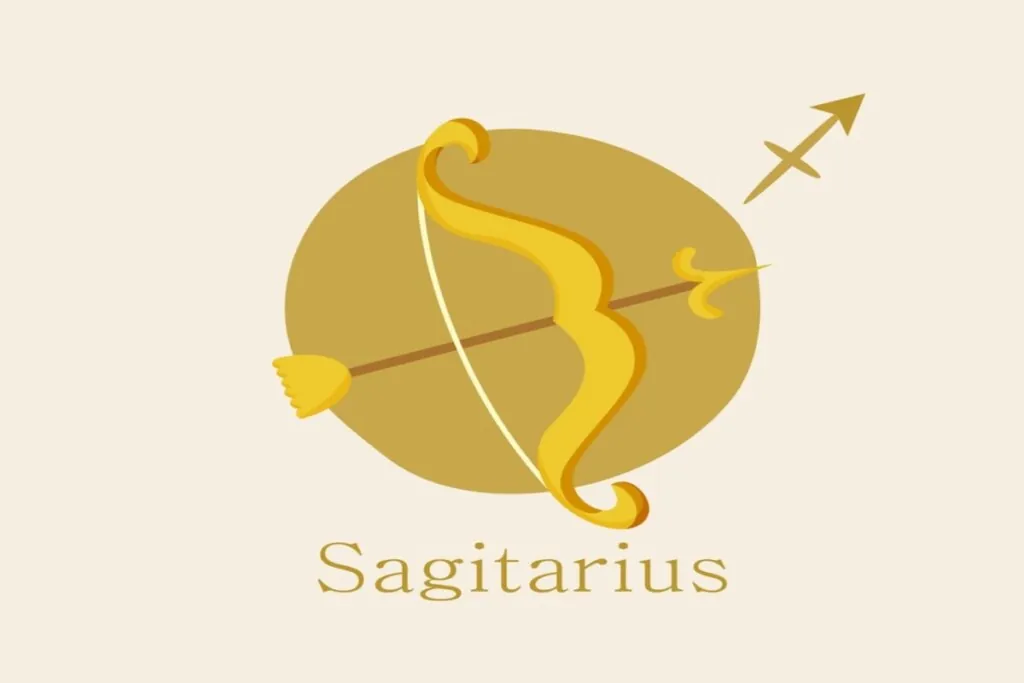 ilustração de um arco e flecha amarelo sobre círculo amarelo representando o signo de sagitario. símbolo e nome do signo em volta