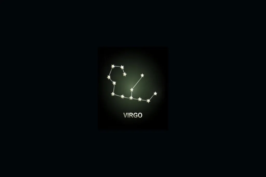 Ilustração da constelação do signo de Virgem em um fundo preto e iluminada por uma luz verde 