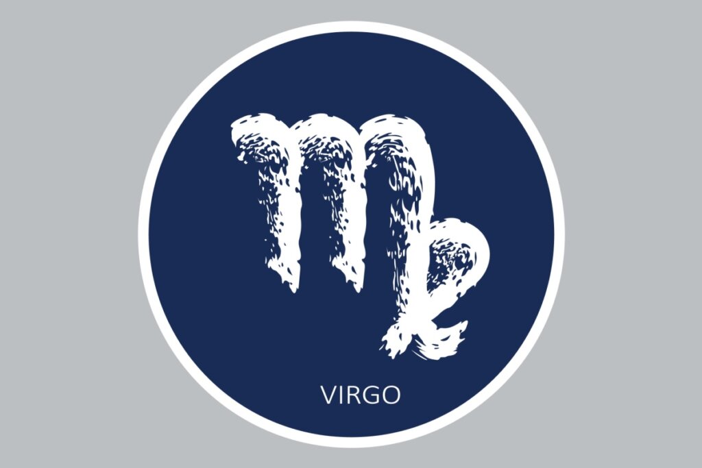 círculo azul-escuro com símbolo do signo de virgem e nome dele em inglês na cor branca