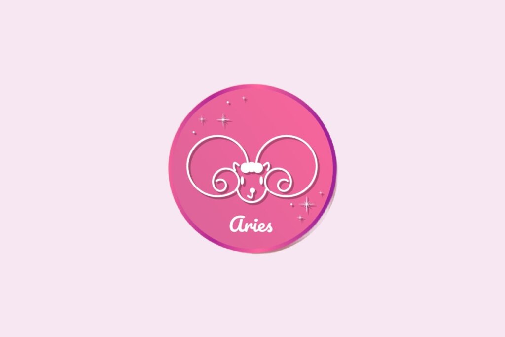 Ilustração do signo de Áries, em fundo rosa-claro, contendo o símbolo de um carneiro com chifres grandes e enrolados