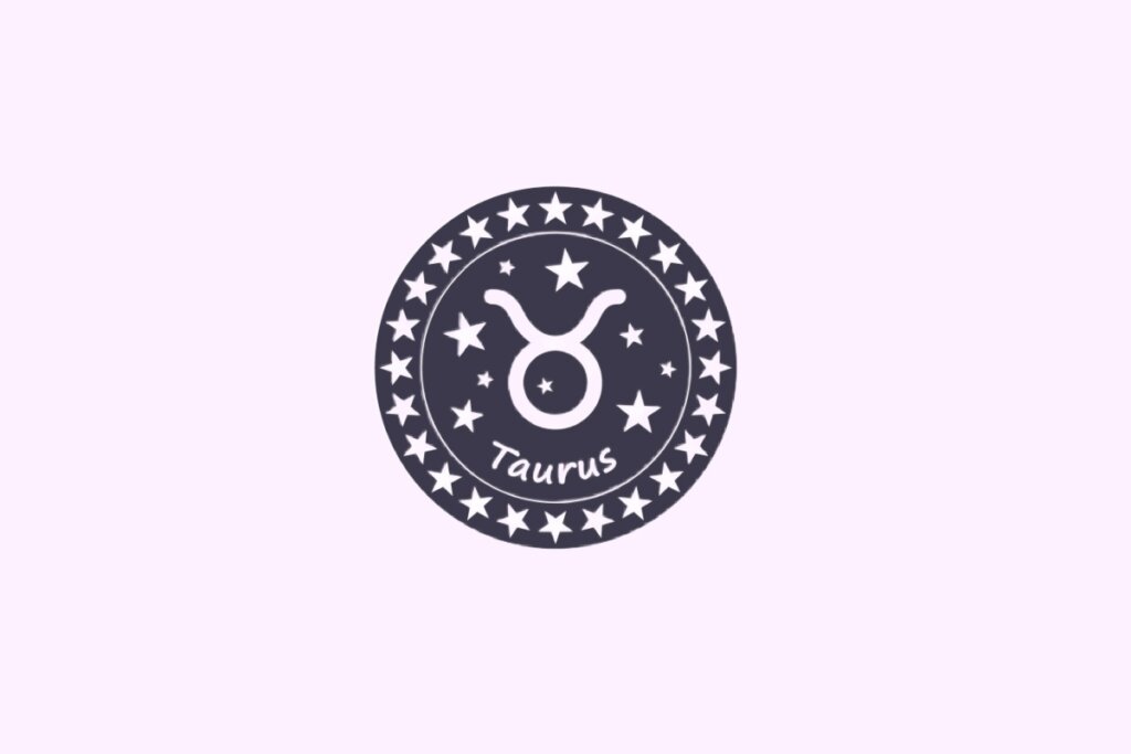 Ilustração do signo de Touro, contendo o símbolo do touro estilizado no centro de um círculo com estrelas, em fundo com tom rosa-claro