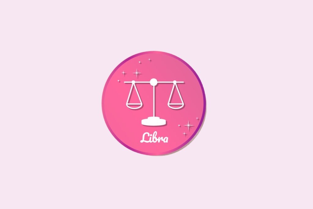 Ilustração do signo de Libra, em fundo rosa, contendo o símbolo de uma balança com dois pratos equilibrados e haste central