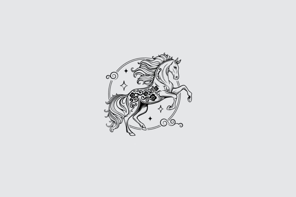 Ilustração do signo de Cavalo, contendo um cavalo empinado com crina fluida e padrões gráficos no corpo, dentro de um círculo decorativo, em fundo cinza-claro