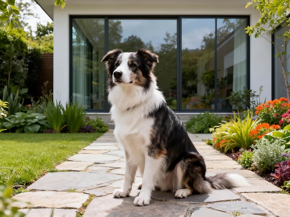 Border Collie preto e banco sentado na frente da calçada de casa