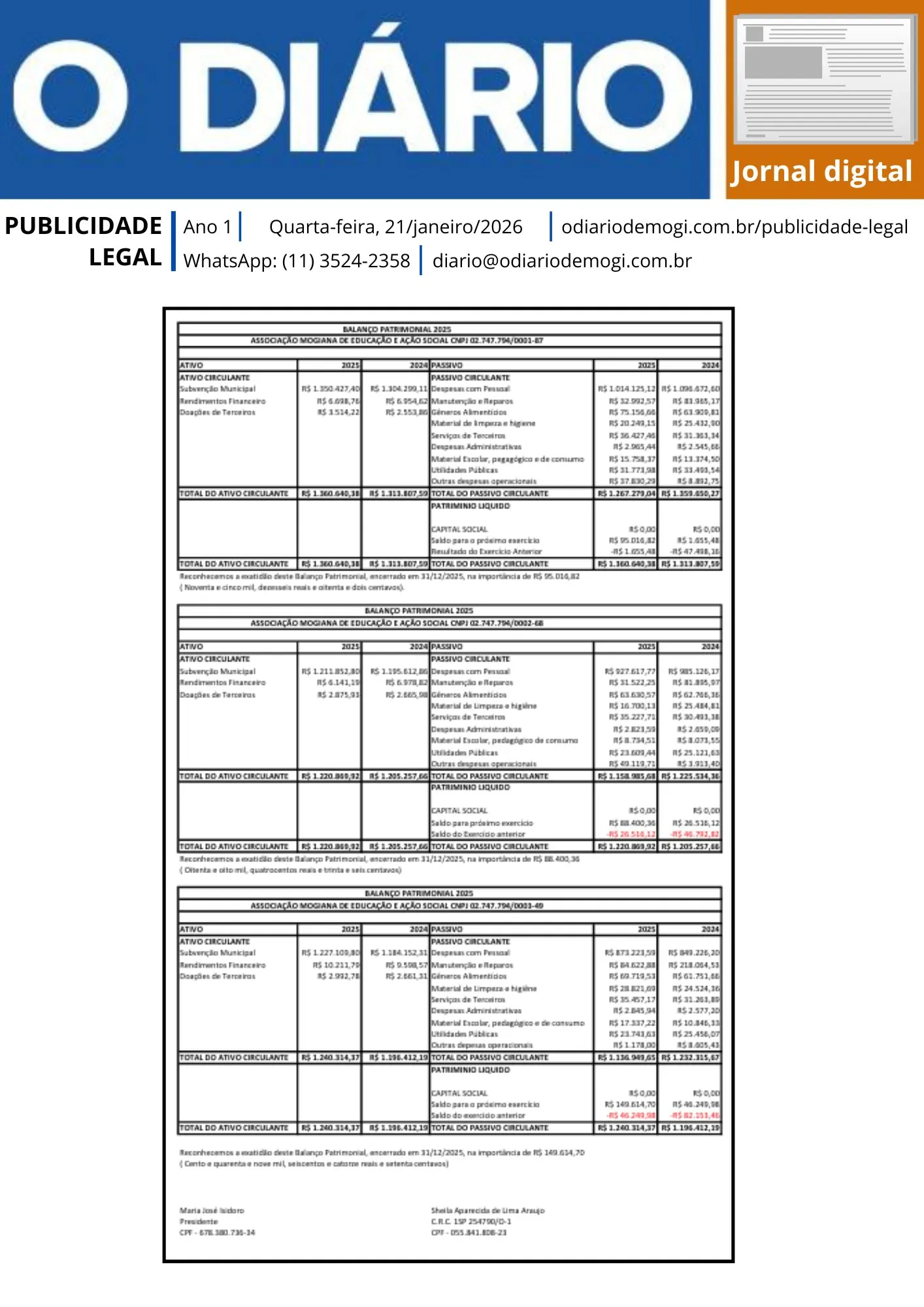 Quarta-feira, 21 de janeiro de 2026
