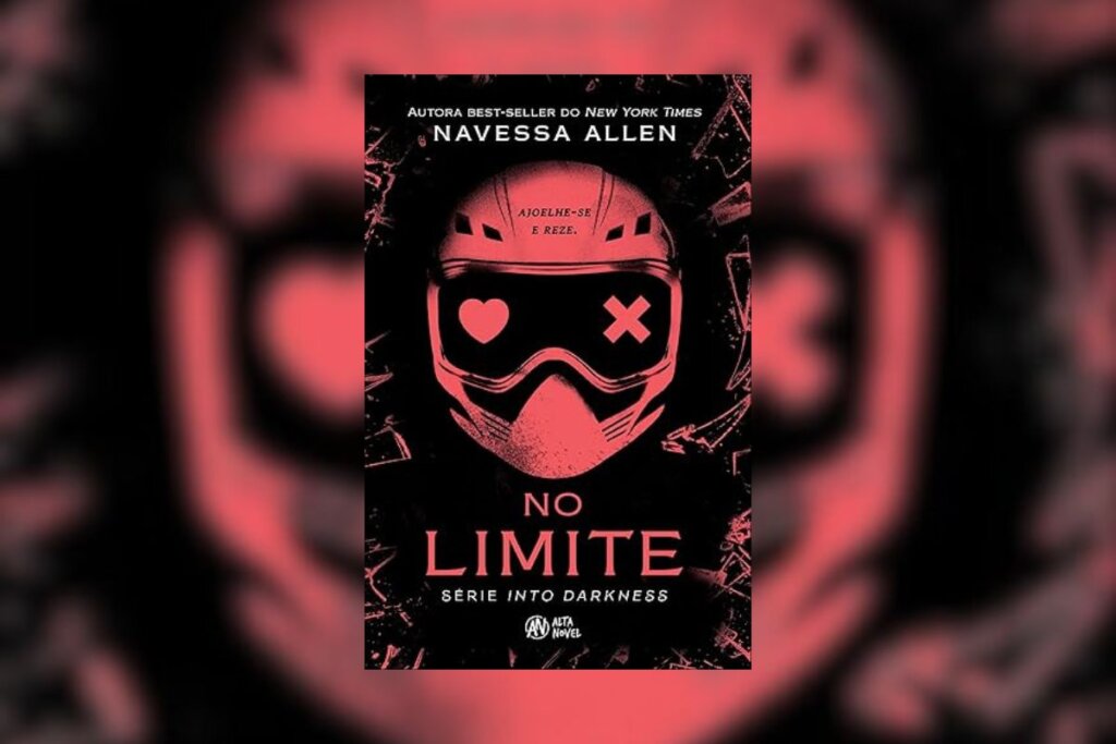 Capa do livro "No limite", com a ilustração de uma máscara vermelha e fundo preto 