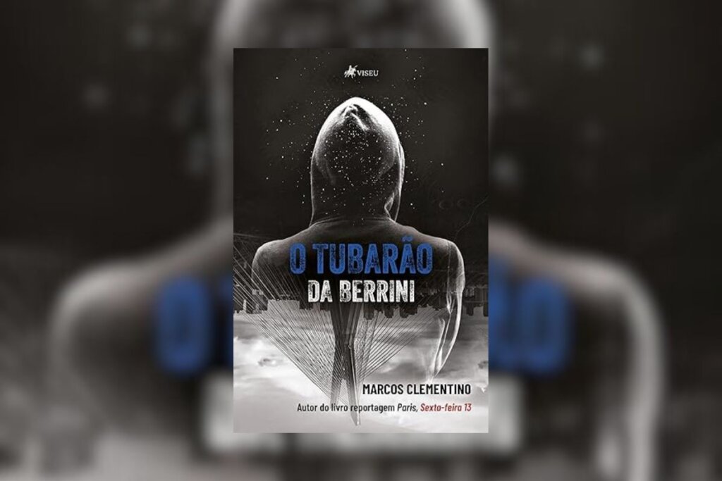 Capa do livro "O Tubarão da Berrini", com foto em preto e branco de um homem com capuz virado de costas 