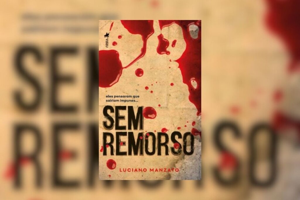 Capa do livro " Sem remorso", com a ilustração de uma mancha de sangue sobre um fundo bege-claro 