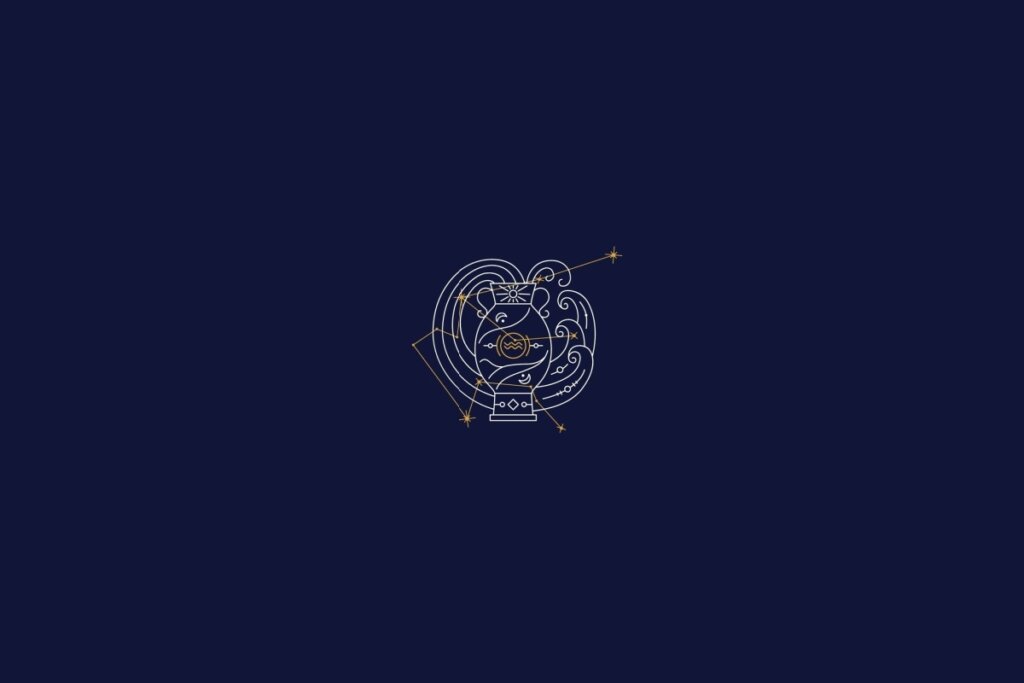 ilustração branca de um jarro saindo água representando o signo de aquário sobre fundo azul-escuro