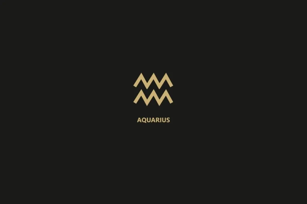 Ilustração do signo de aquário sobre um fundo preto, com o nome do signo logo abaixo.