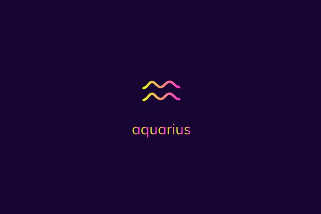 Ilustração do signo de aquário na cor rosa e amarelo em um fundo azul-escuro