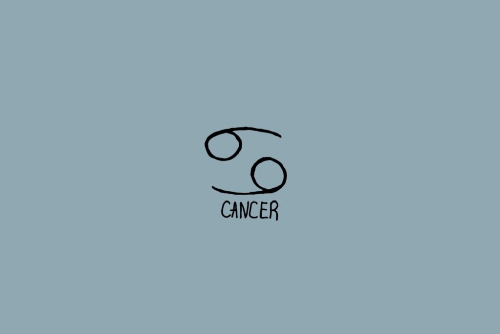 Ilustração do signo de câncer em um fundo cinza com o nome do signo embaixo