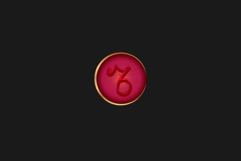 Ilustração do signo de Capricórnio, em um círculo vermelho com borda dourada, sobre um fundo preto