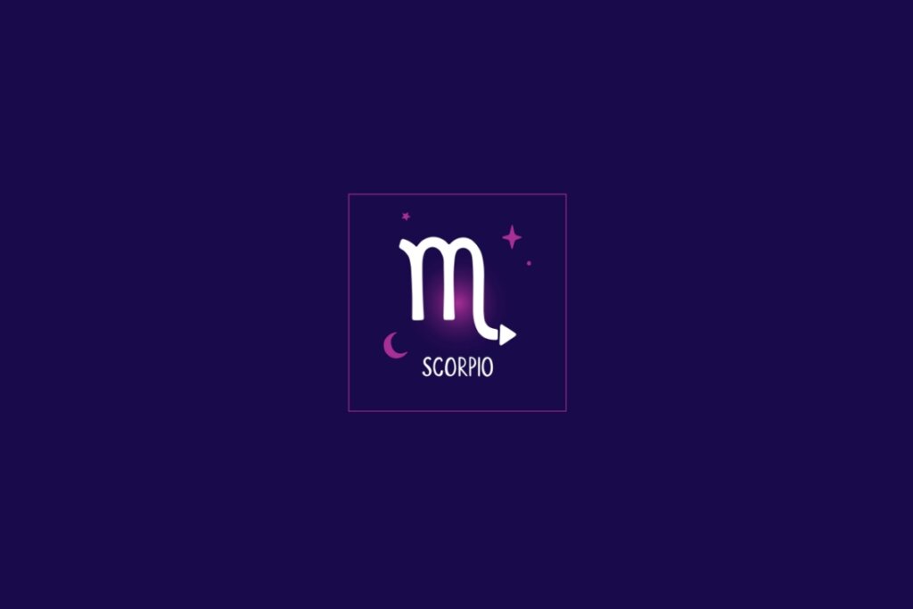 Ilustração do signo de escorpião, em um fundo azul-escuro, rodeado por estrelas rosa e um quadrado da mesma cor