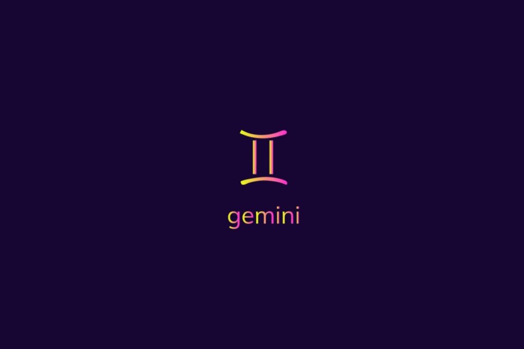 Ilustração do signo de gêmeos na cor rosa e amarelo em um fundo azul-escuro