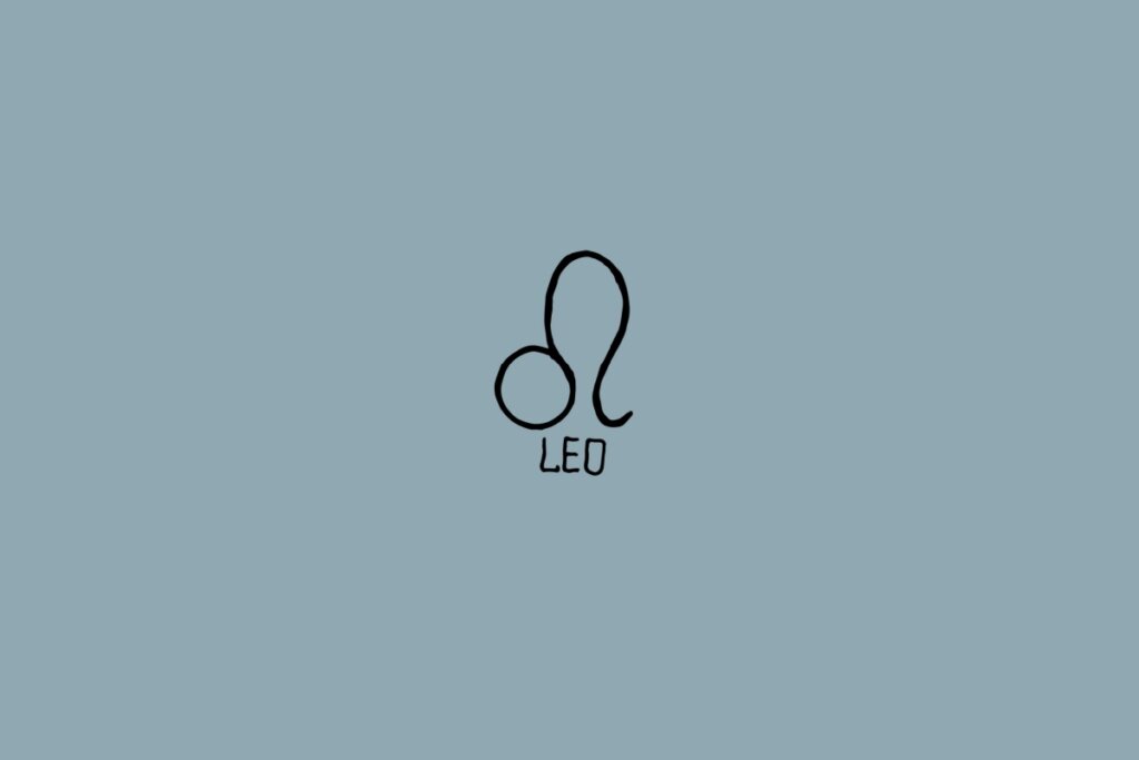 Ilustração do signo de leão em um fundo cinza com o nome do signo embaixo