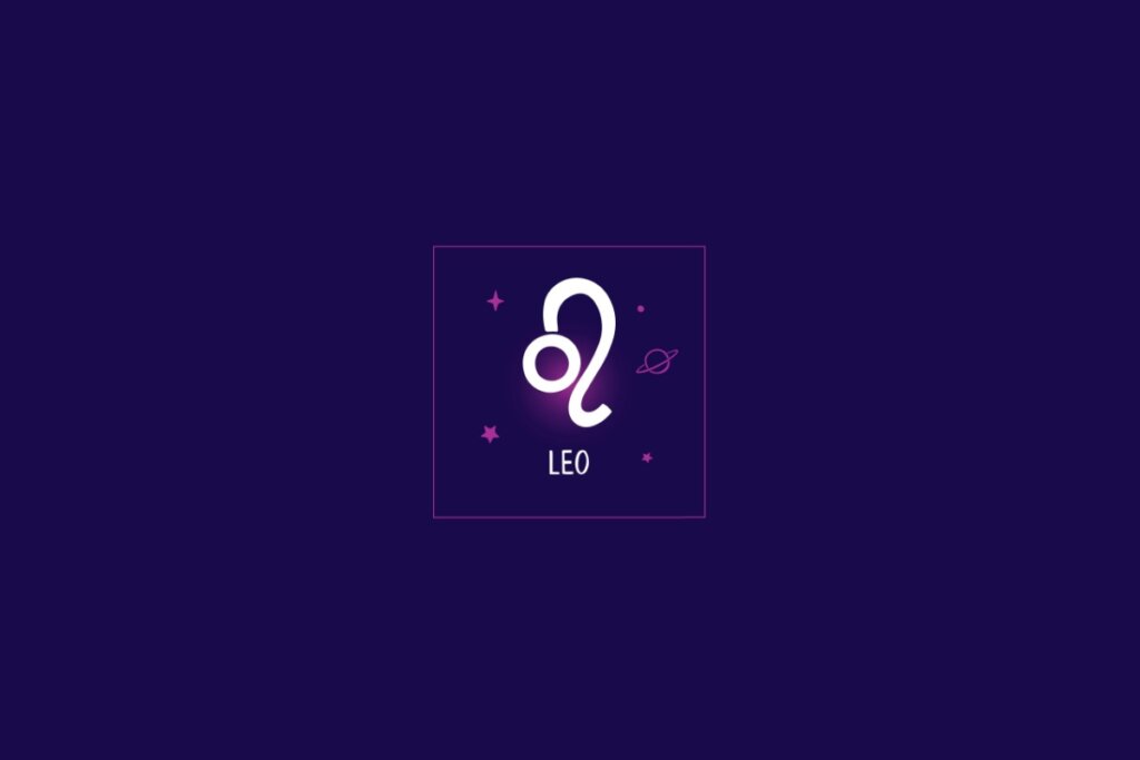 Ilustração do signo de leão, em um fundo azul-escuro, rodeado por estrelas rosa e um quadrado da mesma cor