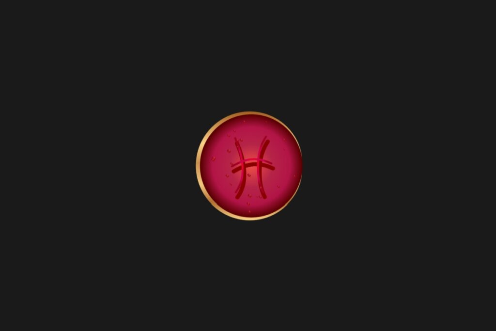 Ilustração do signo de Peixes, em um círculo vermelho com borda dourada, sobre um fundo preto
