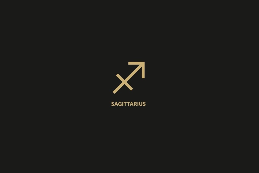 Ilustração do signo de sagitário sobre um fundo preto, com o nome do signo logo abaixo.