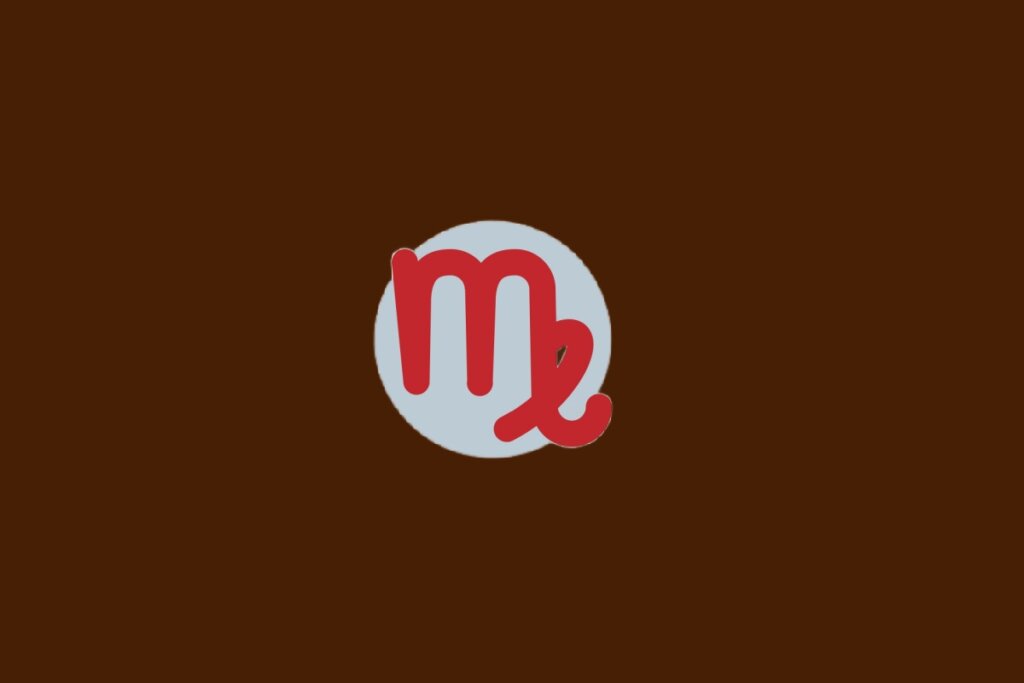 Ilustração do signo de Virgem, com símbolo vermelho parecido com a letra “M” com curva final, dentro de um círculo cinza sobre fundo marrom-escuro