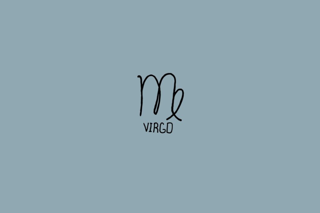 Ilustração do signo de virgem em um fundo cinza com o nome do signo embaixo