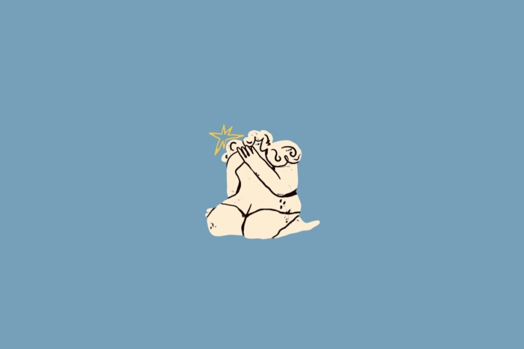 Ilustração de uma pessoa ajoelhada em amarelo-claro sobre um fundo azul