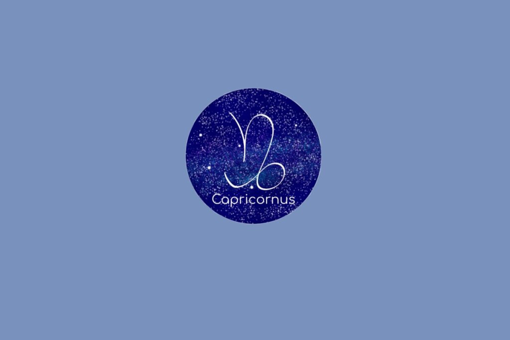 Ilustração do signo de Capricórnio contendo o símbolo com traços curvos que combinam chifre e cauda estilizados em fundo azul