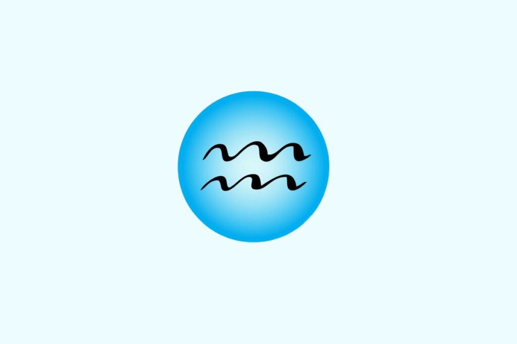 Ilustração do signo de Aquário contendo o símbolo com duas linhas horizontais onduladas paralelas, em fundo azul-claro