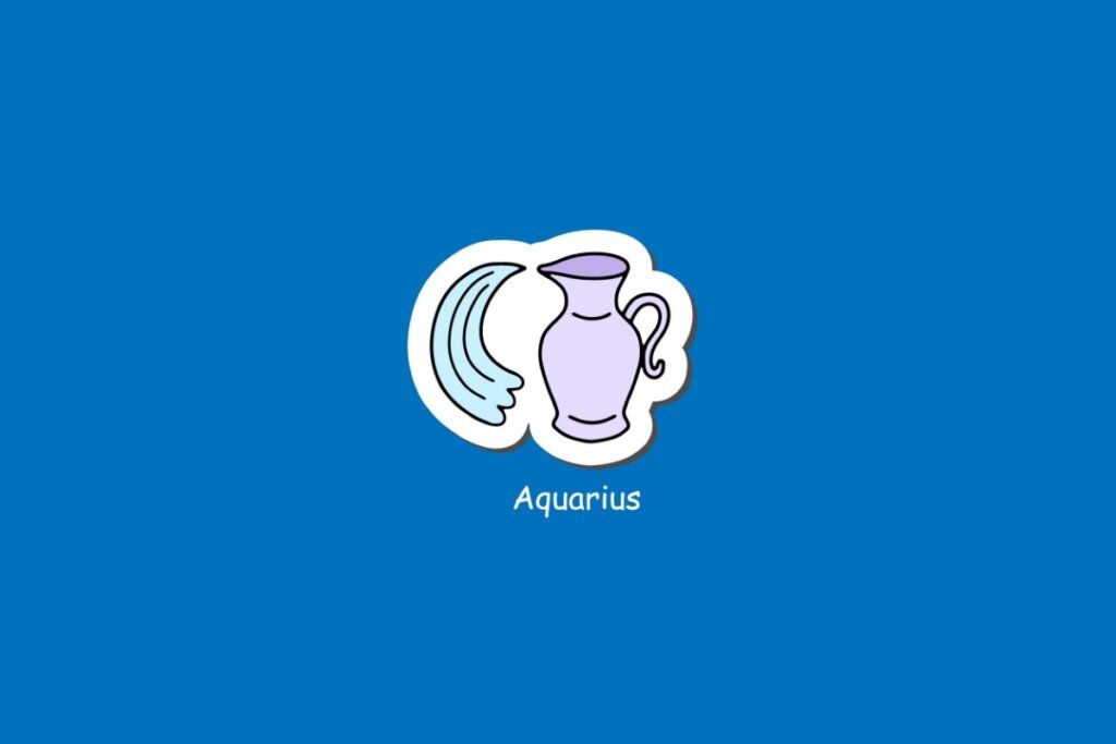 Ilustração do signo de Aquário, em fundo azul, com jarro roxo vertendo água em ondas azul-claras