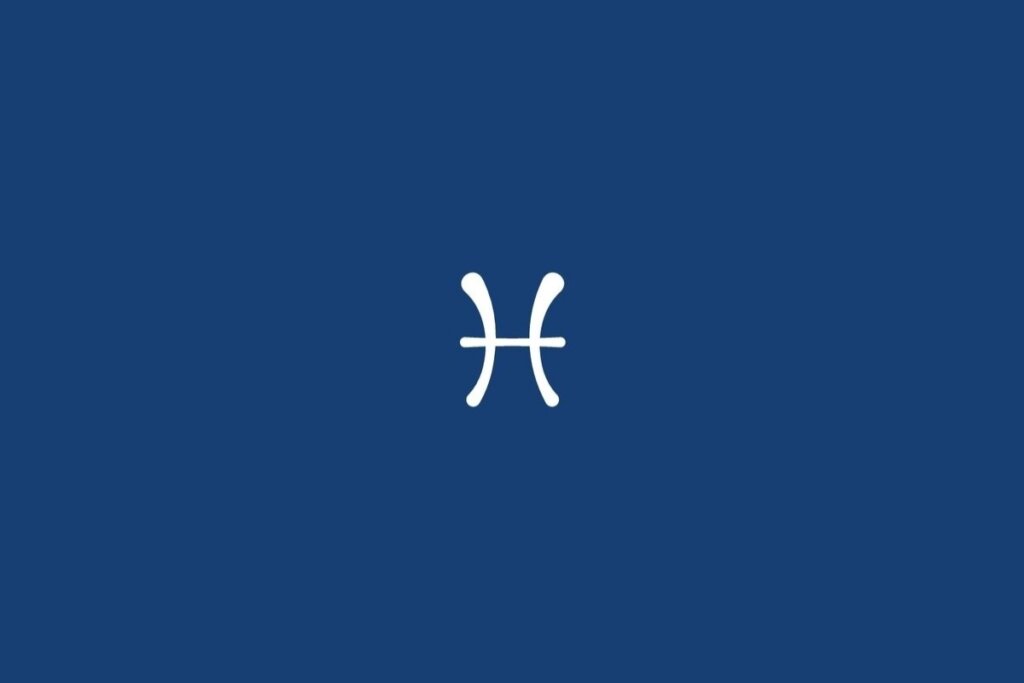 Ilustração do signo de Peixes, em fundo azul-escuro, contendo dois arcos curvados simetricamente voltados para fora e unidos por uma linha horizontal central