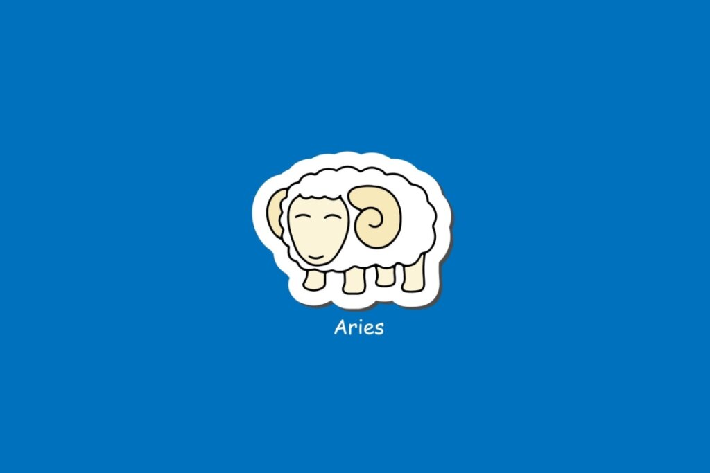 Ilustração do signo de Áries, em fundo azul, com carneiro branco de chifres dourados e expressão serena