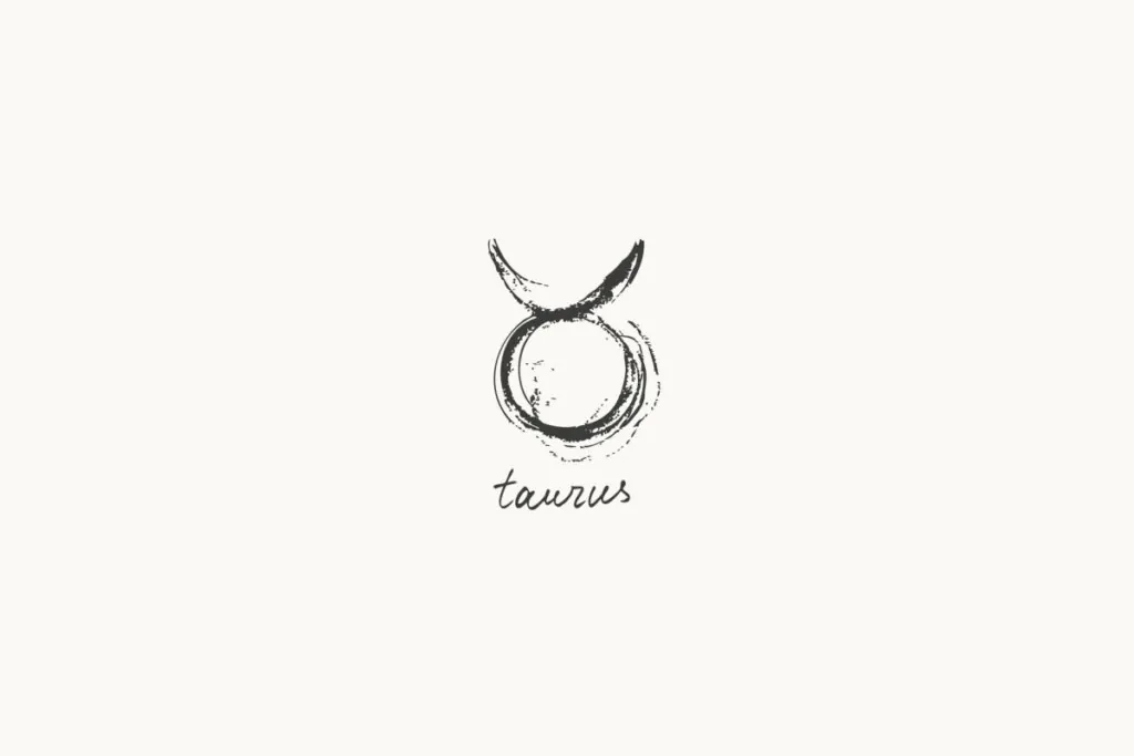 Ilustração do signo de Touro, contendo um círculo com dois traços arqueados voltados para cima representando os chifres, em fundo claro