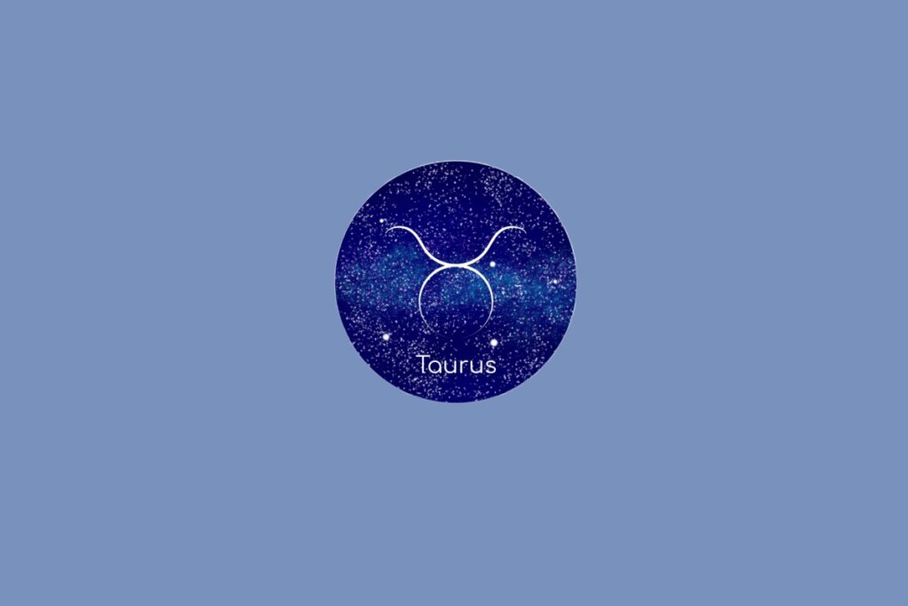 Ilustração do signo de Touro contendo o símbolo de um círculo com chifres representando a cabeça do touro em fundo azul