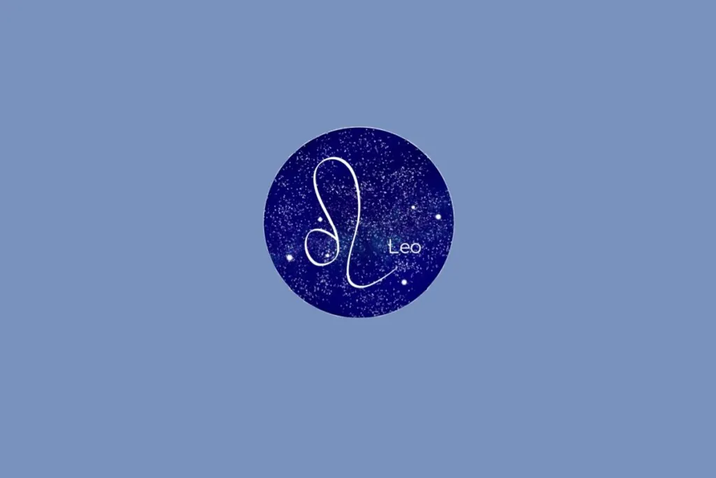 Ilustração do signo de Leão contendo o símbolo curvo que remete à juba e à cauda de um leão em fundo azul