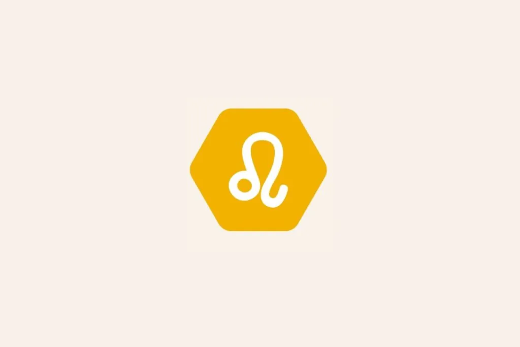 Ilustração do signo Leão, com símbolo branco em forma de cauda curva em hexágono amarelo-alaranjado em fundo bege