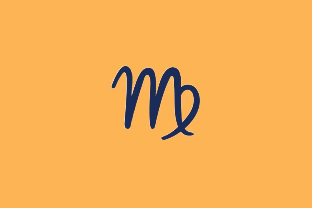 Ilustração do signo de Virgem, em fundo alaranjado, com traço em "m" e curva final cruzando-se em laço