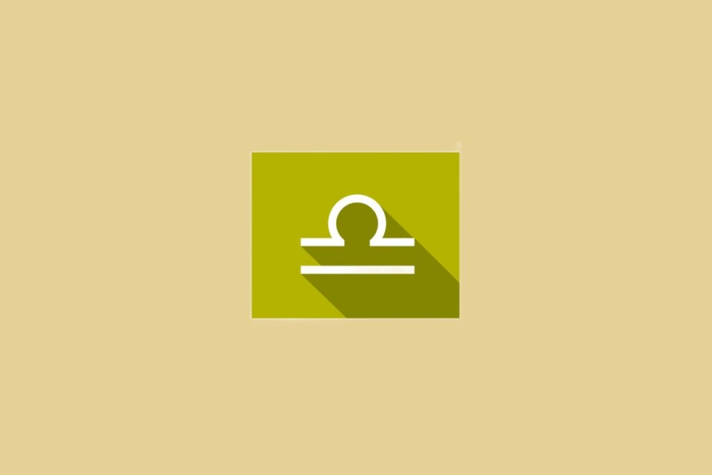 Ilustração do signo de Libra, dentro de um quadrado verde, em fundo amarelo-mostarda, com símbolo representando uma balança com uma linha curva sobre uma linha reta