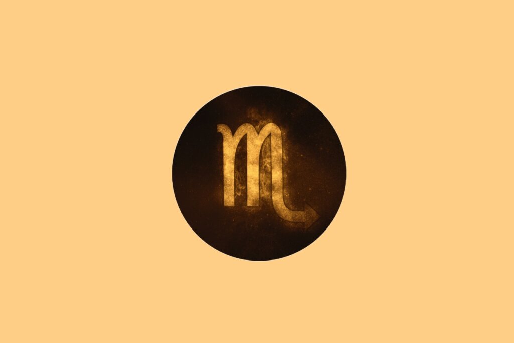 Ilustração do signo de Escorpião contendo o símbolo em forma de “M” com cauda pontiaguda em fundo amarelado