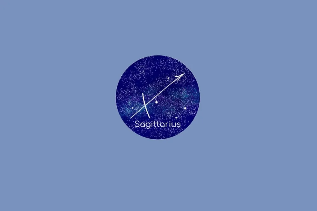 Ilustração do signo de Sagitário contendo o símbolo de uma flecha diagonal apontada para cima em fundo azul