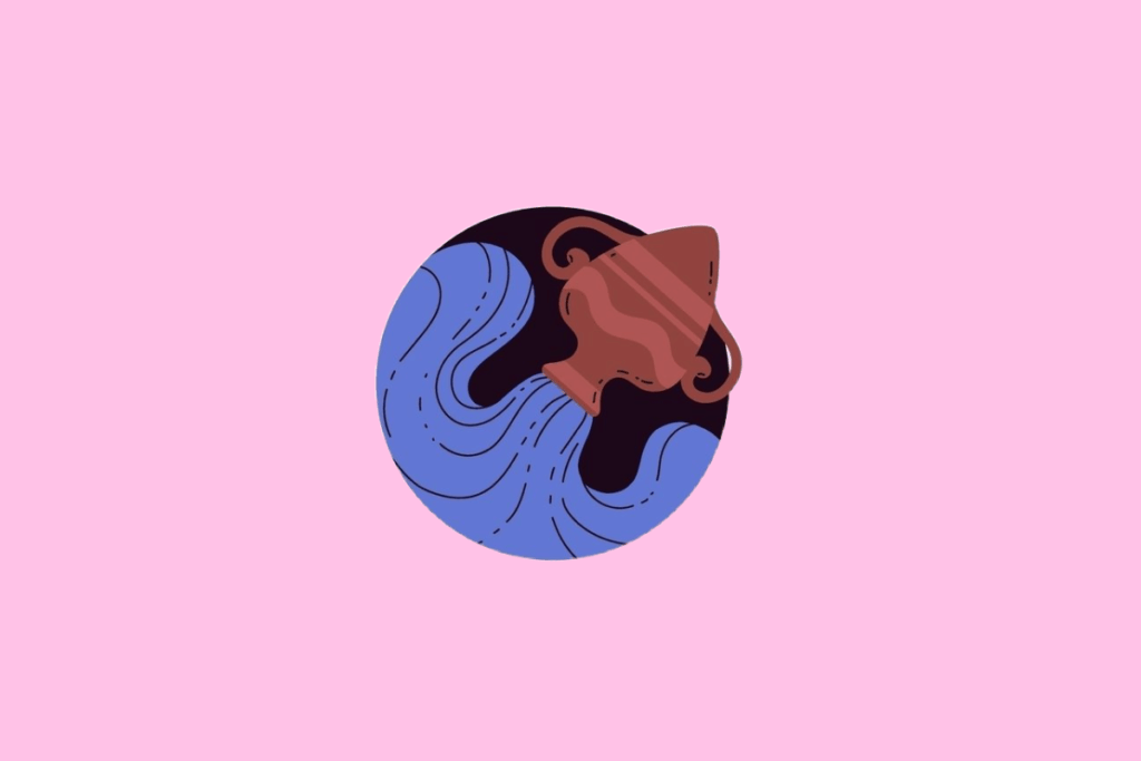 Ilustração de um vaso de barro inclinado, de cor marrom, do qual jorra água azul em movimento ondulado