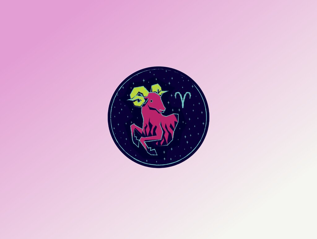 Ilustração estilizada em um círculo azul escuro com estrelas, apresentando um carneiro em rosa vibrante com grandes chifres espiralados em amarelo neon. Ao lado, o símbolo astrológico de Áries. O fundo geral da imagem é um degradê rosa.