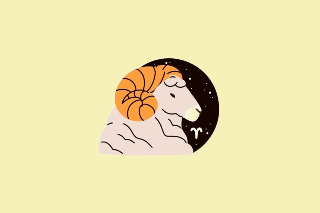 Ilustração do signo de Áries, com o perfil de um carneiro de chifres grandes e laranjas