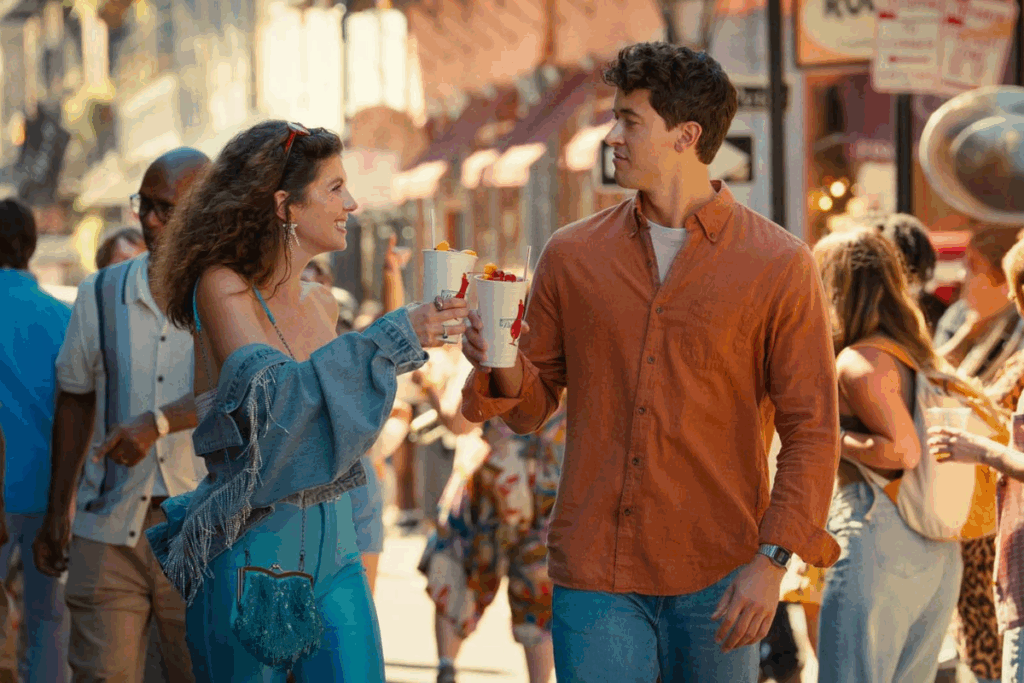 Um casal caminha sorridente por uma rua ensolarada e movimentada, brindando com copos de refresco. A mulher, à esquerda, tem cabelos ondulados, usa jaqueta jeans caída nos ombros e calça azul vibrante. O homem, à direita, veste uma camisa social laranja e jeans. A atmosfera é alegre e romântica.