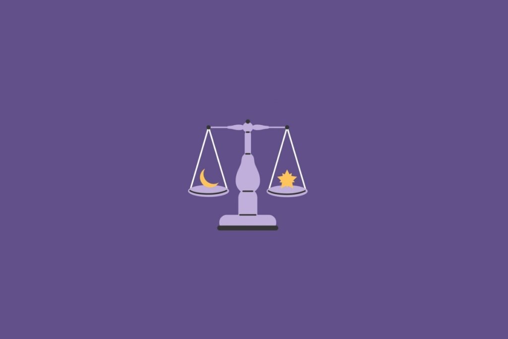 Ilustração de uma balança representando o signo de libra em um fundo roxo-escuro