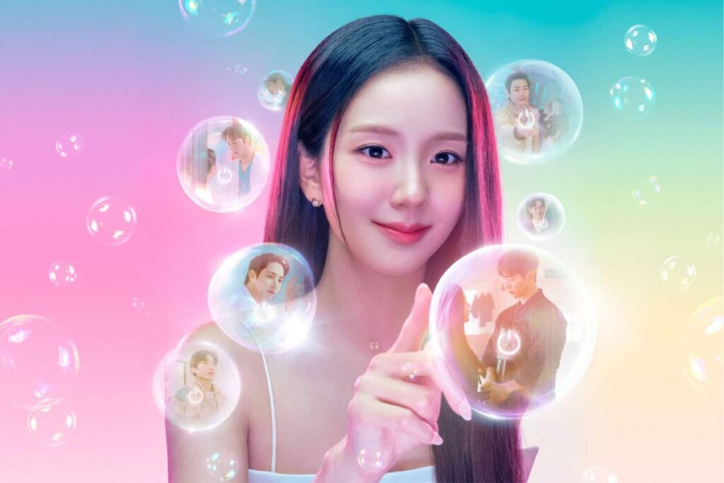 Capa da série "Namorado por Assinatura", com a foto da protagonista em um fundo colorido e bolhas com imagens dentro ao seu redor 