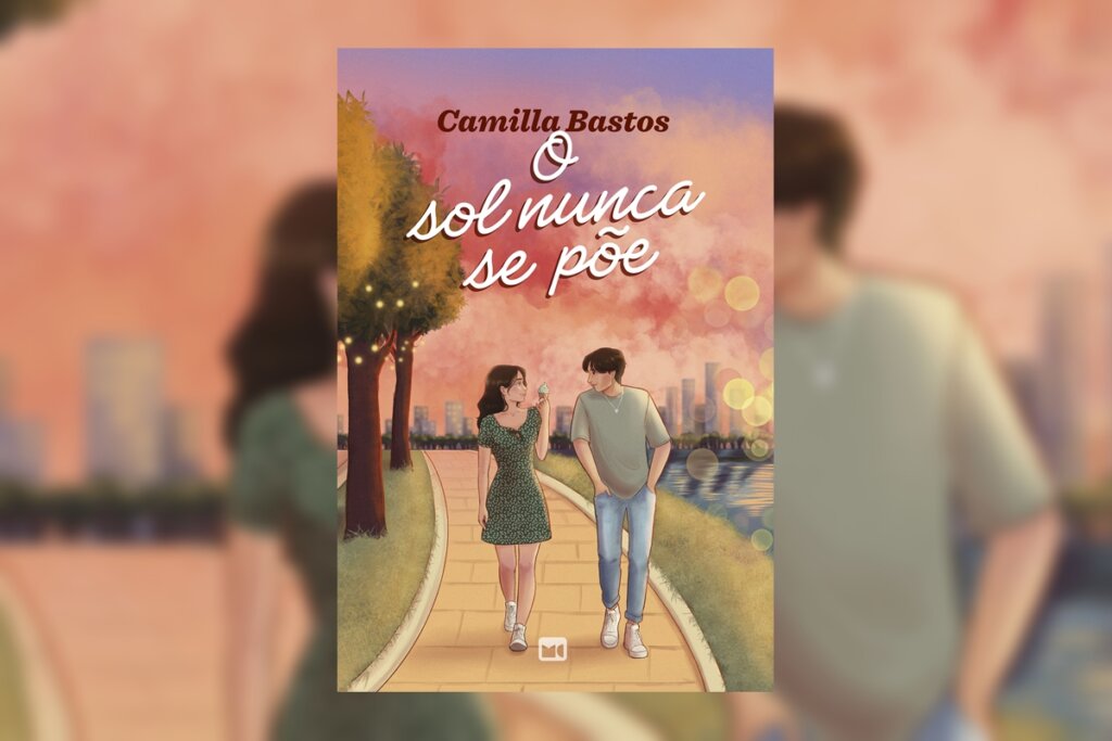 Capa do livro "O sol nunca se põe", com a ilustração de um casal andando em uma praça