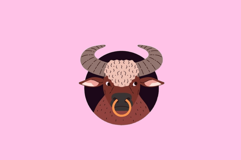 Ilustração frontal da cabeça de um touro marrom com grandes chifres cinzas, uma mecha de pelo bege encaracolado no topo da cabeça e uma argola dourada no nariz