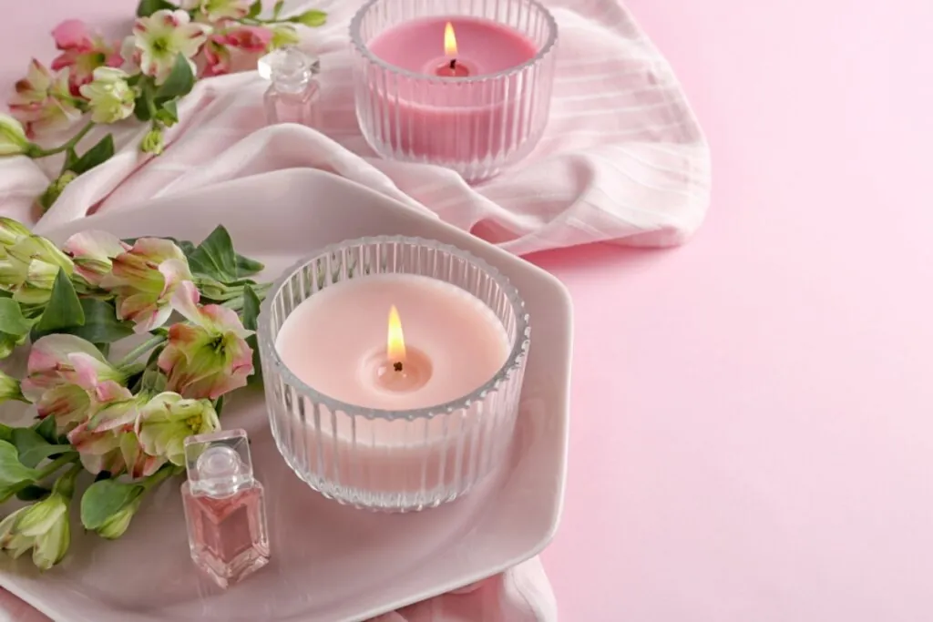 Duas velas rosas acesas em potes de vidro canelado sobre um prato e tecido rosa. A cena inclui flores alstroemérias e pequenos frascos de perfume, criando uma atmosfera delicada e relaxante.